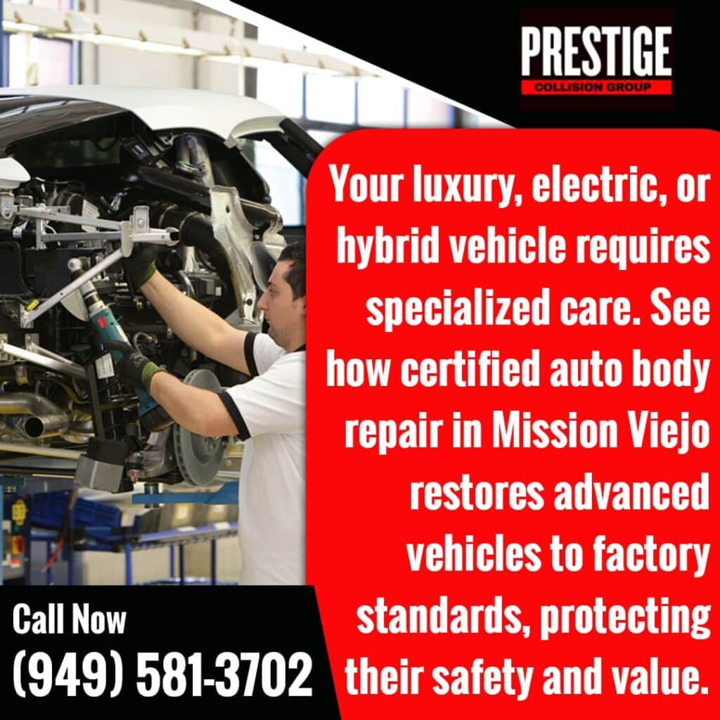 certified auto body repair in Mission Viejo fixing luxury electric vehicle